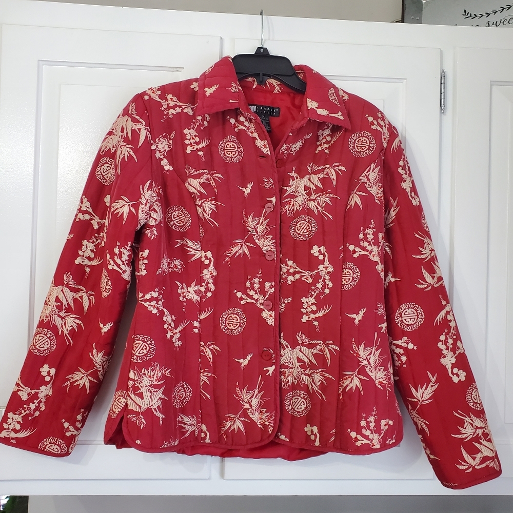 Carole Little Jacket Women's Size M Red Black Quilted Blazer Beaded Floral Artsy